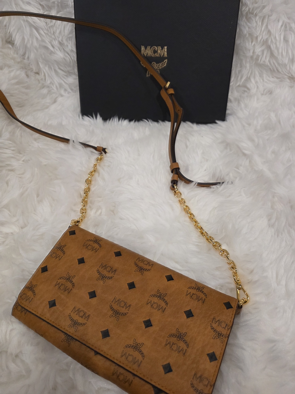 MCM Cognac Logo Chain Shoulder Bag